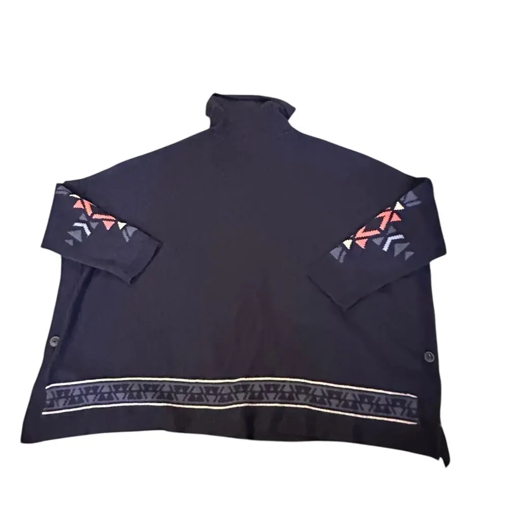 J.Jill Aztec Knit Poncho Southwestern Aztec Sweater Navy Blue Size XL Petite - Picture 3 of 7